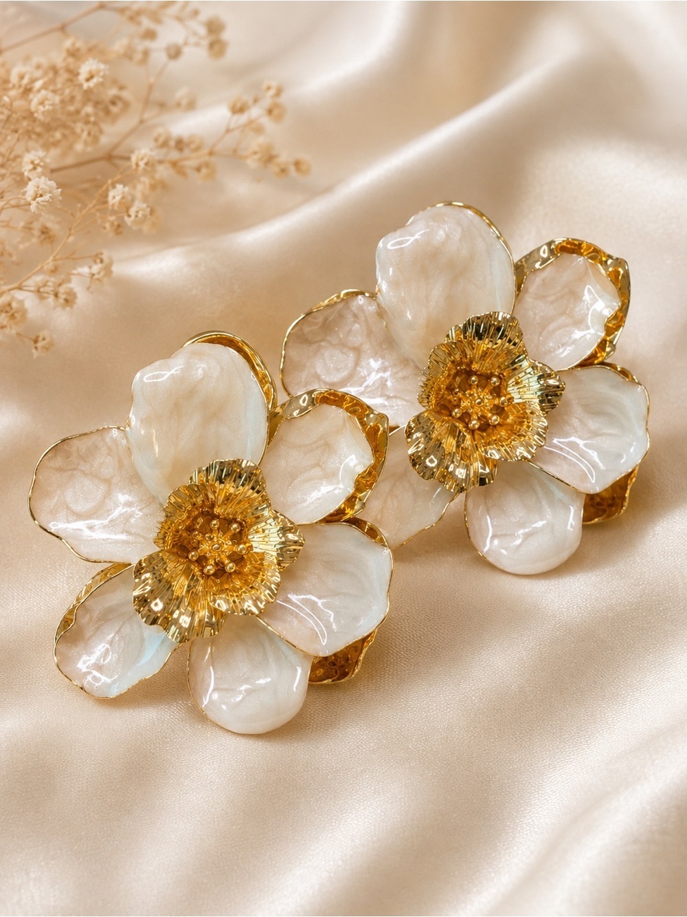 White Floral Gold Statement Earrings